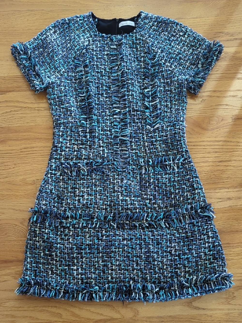 Textured Blue Tweed Shift Dress